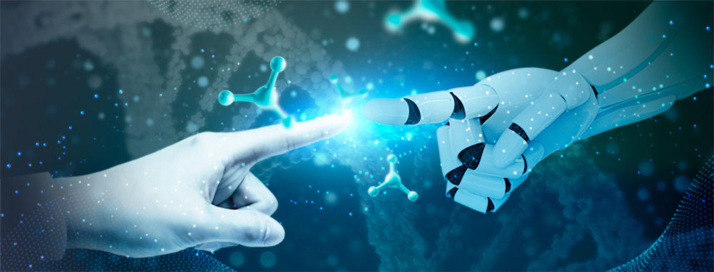 유전자 구조의 배경에 인간과 로봇이 검지 손가락을 맞대고 있는 모습