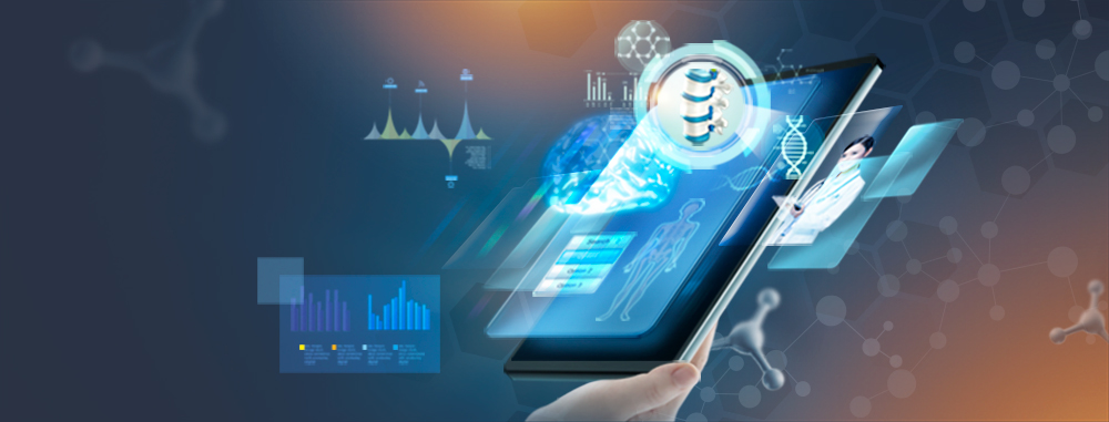 의료 관련 데이터가 보이는 테이블릿을 손으로 들고 있는 모습